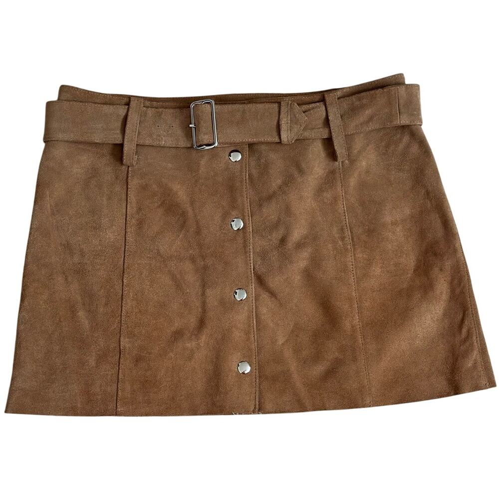 Vintage Y2K Sz 10 Tan Suede Mini Skirt with Belt 90s Brown Coastal Cowgirl